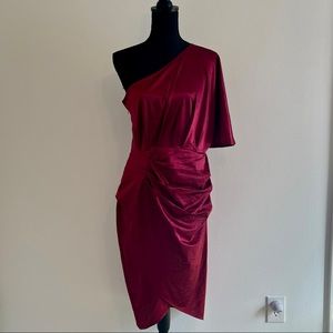 One Shoulder Cranberry “Satin” Dress
